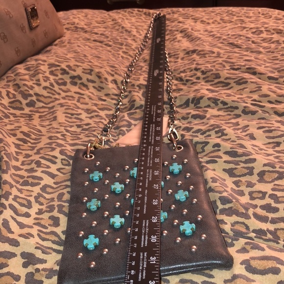 SS Fashion faux leather crossbody very dark gray black turquoise studded crosses - Picture 5 of 16